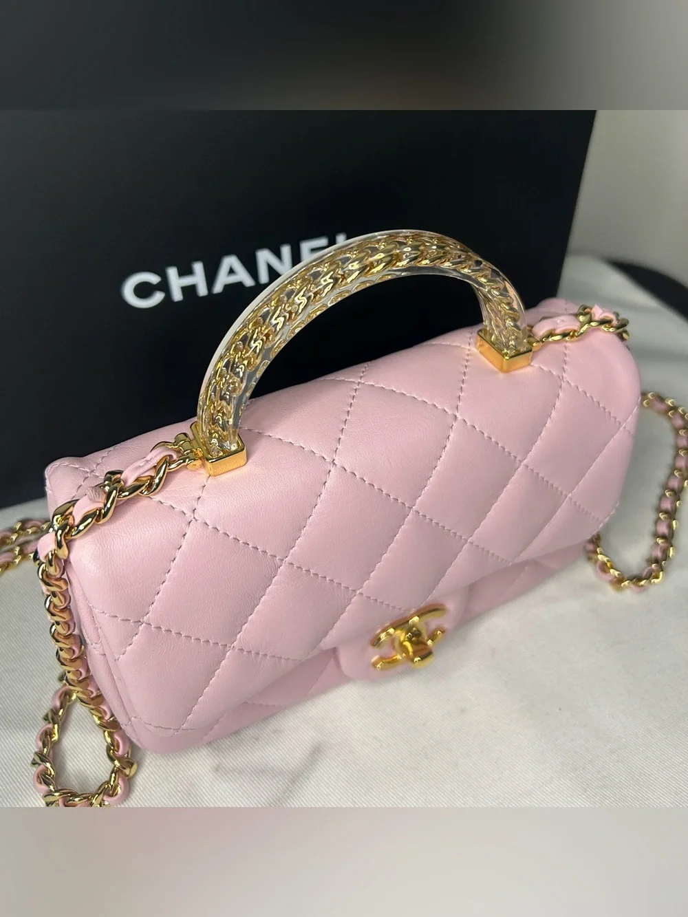 NEW! CHANEL 24S Mini Top Handle Flap Bag Quilted Lambskin Rose Light Pink
